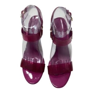 Karl lagerfeld Paris Cieone Deep satin Clear Strap Block Heel Sandals in Magenta